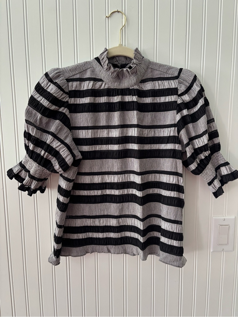 HUNTER BELL Black & White Striped Ruffle-Neck Top